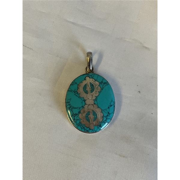925 STERLING SILVER PENDANT W/ SILVER INLAID TURQUOISE STONE