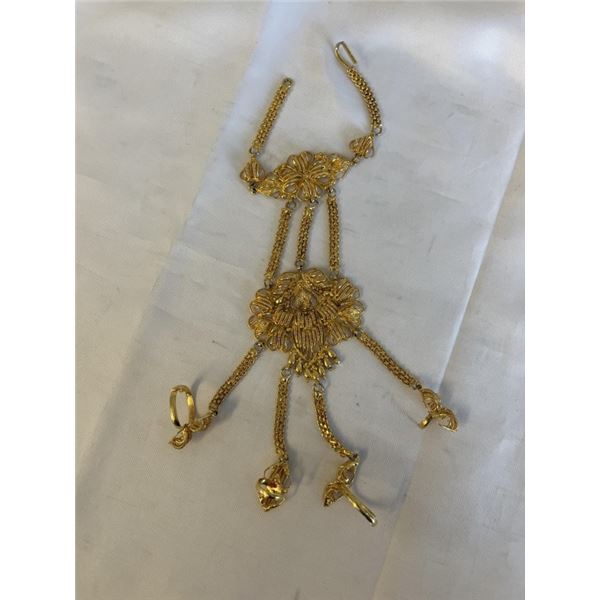 22K GOLD PLATED SOUTH EAST ASIAN HEAVY BRACELET W/ 4 RINGS ATTACHED 2 DAMAGED