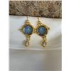Image 1 : PAIR OF GOLD CARVED BLUE GLASS STONES AND PEARLS EARRINGS