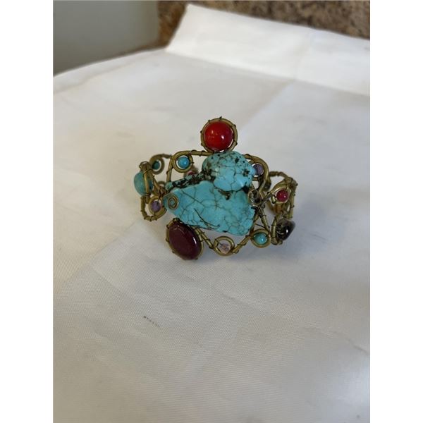 HAND CRAFTED TURQUOISE AND VARIOUS STONES OPEN CUFF BANGLE