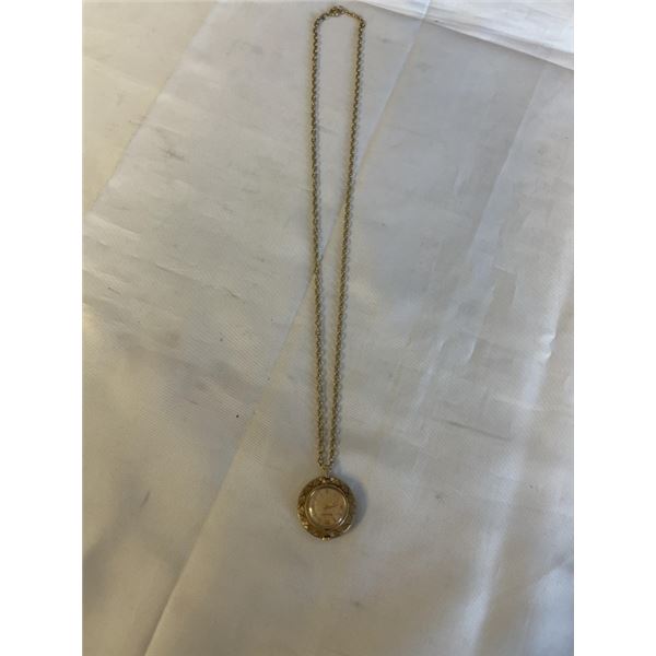 1960'S GOLD BULOVA, SWISS, MECHANICAL PENDANT WATCH W/ LONG CHAIN, WIND UP, GOOD WORKING ORDER