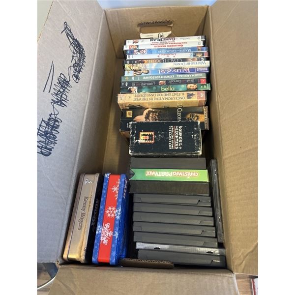 BOX OF DVDS, VHS CLEOPATRA DISC SETS, ROLLING STONES, NINTENDO DS GAMES