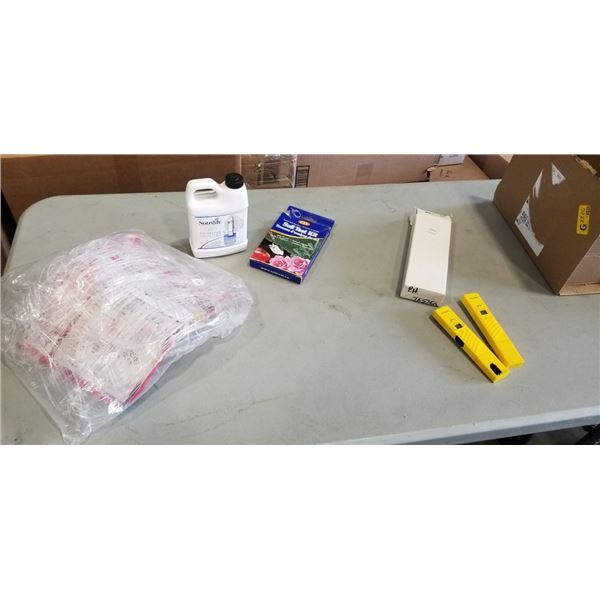 BOX OF GARDENING ITEMS INCLUDING SOIL TESTER, PH CALIBRATION SOLUTION