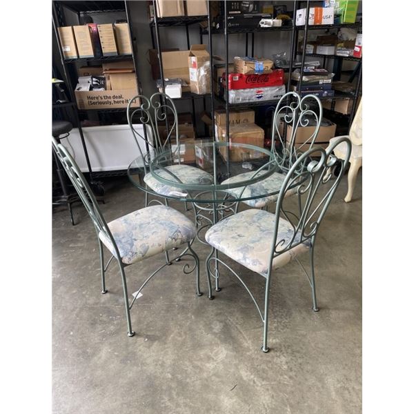 GREEN METAL GLASS TOP DINETTE TABLE AND 4 CHAIRS