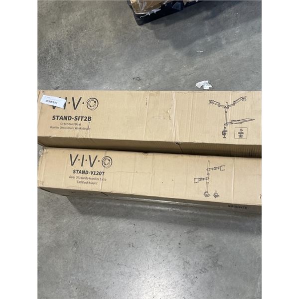 VIVO SIT TO STAND DUAL MONITOR DESK MOUNT WORKSTATION AND VIVO DUAL ULTRAWIDE MONITOR EXTRA TALL DES