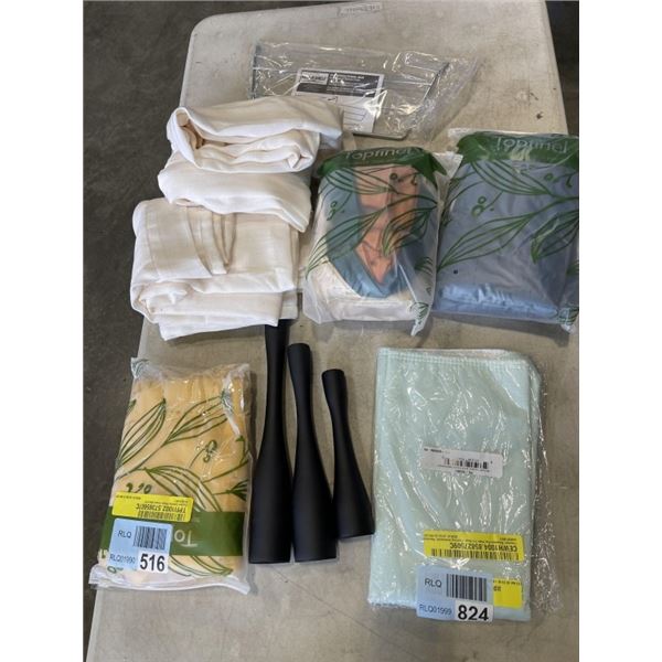 ASSORTED WAYFAIR PILLOW SHAMSD AND SLIPS, BLACK CANDLE HOLDER SET, CHENILLE COVERS AND CURTAIN SET