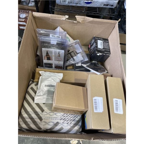 BOX OF NEW HOUSEHOLD ITEMS INCLUDING LEATHER REPAIR KIT AND TIES AND MORE