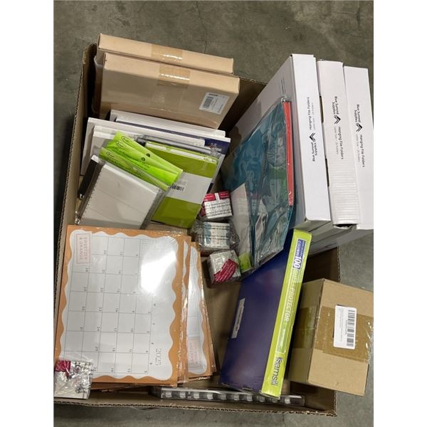 BOX OF NEW ITEMS INCLUDING STATIONARY ITEMS LIKE TONER LABELS AND MORE