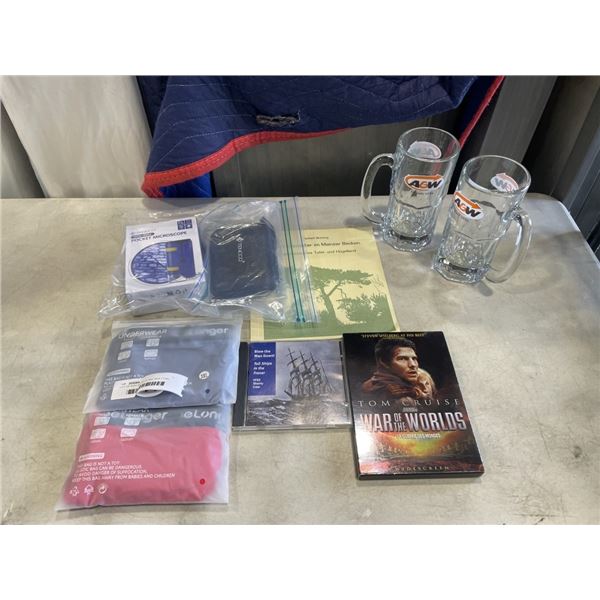 LOT OF COLLECTIBLES AND NEW ITEMS - MENS UNDERWEAR, POCKET MICORSCOPE, A&W MUGS