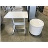 Image 1 : WHITE ADJUSTABLE HEIGHT TABLE AND WHITE STORAGE ATTOMAN