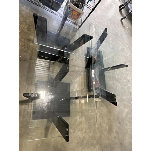 3 PIECE BLACK AND GLASS COFFEE AND SIDE TABLE SET