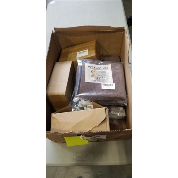 BOX OF NEW PET ITEMS INCLUDING PET FOOD MAYS AND OUTSIDE CABLE TIE AND NEW HARNESSES AND LEASH