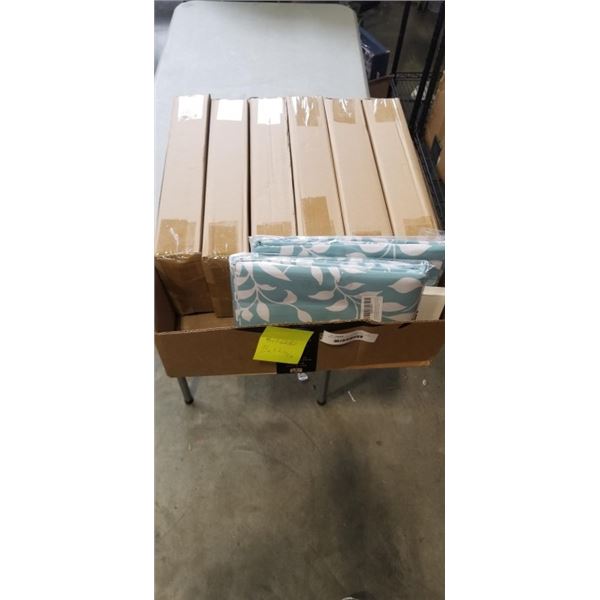 BOX OF NEW BATHROOM ITEMS INCLUDING RUSTIC LOOKING TOWEL HOLDERS AND SHOWER CURTAINS