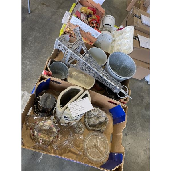 3 TRAYS OF COLLECTIBLES, KITCHEN ITEMS, PLANTER POTS, ETC