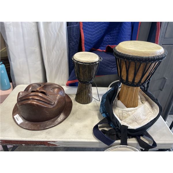 2 WOODEN DRUMS AND CARVED MASK