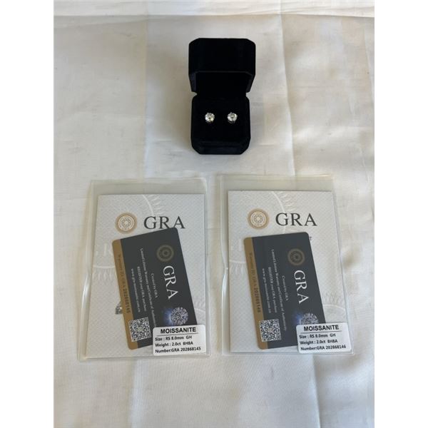 NEW PLATINUM PLATED 2.0CT EACH MOISSANITE STONE STUD EARRINGS, D-VVS1 GRA REPORT (TESTS POSITIVE WIT