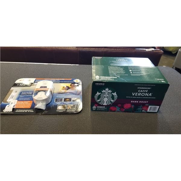 KIDDIE CARBON MONOXIDE ALARM WITH VOICE AND OPEN BOX OF KEURIG DARK ROAST COFFEE PODS