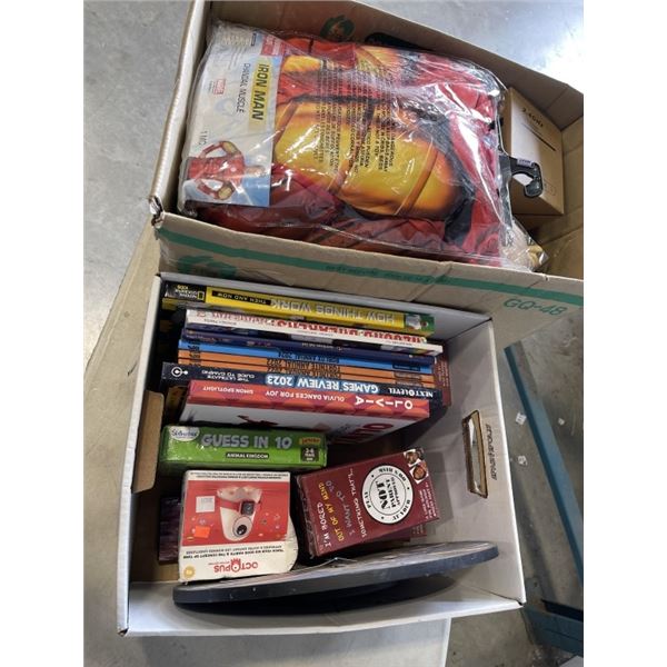 2 BOXES OF KIDS TOYS, GAMES, BOOKS, COSTUMES, ETC