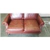 Image 2 : BROWN LEATHER LOVESEAT WITH BRASS NAILHEAD ACCENTS