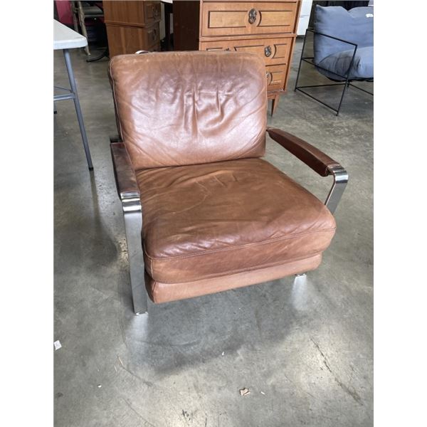 MODERN BROWN LEATHER ACCENT ARMCHAIR, WEAR ON ARMS BUT NO RIPS OR TEARS