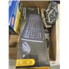 Image 2 : BOX OF ASSORTED ELECTRONICS INCLUDING STUD FINDER, BLACKWEB COMPUTER KEYBOARD, PODZ HEADPHONES ETC
