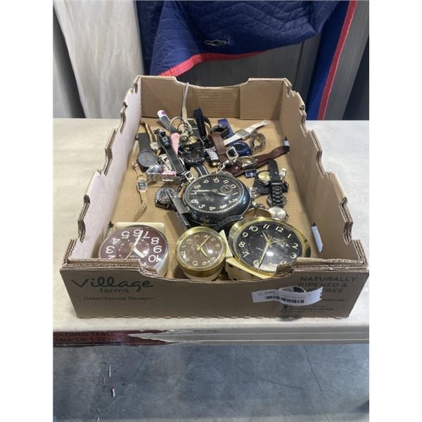 TRAY OF VINTAGE CLOCKS AND WRIST WATCHES