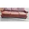 Image 2 : BROWN LEATHER SOFA WITH BRASS NAIL HEAD ACCENTS, SHOWS SIGNS OF WEAR