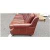 Image 3 : BROWN LEATHER SOFA WITH BRASS NAIL HEAD ACCENTS, SHOWS SIGNS OF WEAR
