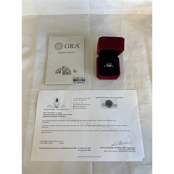 3.00 CT GRA CERTIFIED ROUND BRILLIANT CUT MOISSANITE STONE VVS DARK GREEN COLOR WITH 12 ROUND BRILLI