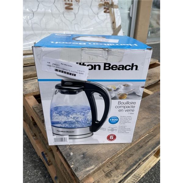 HAMILTON BEACH COMPACT 1L ELECTRIC GLASS KETTLE - TESTED WORKING