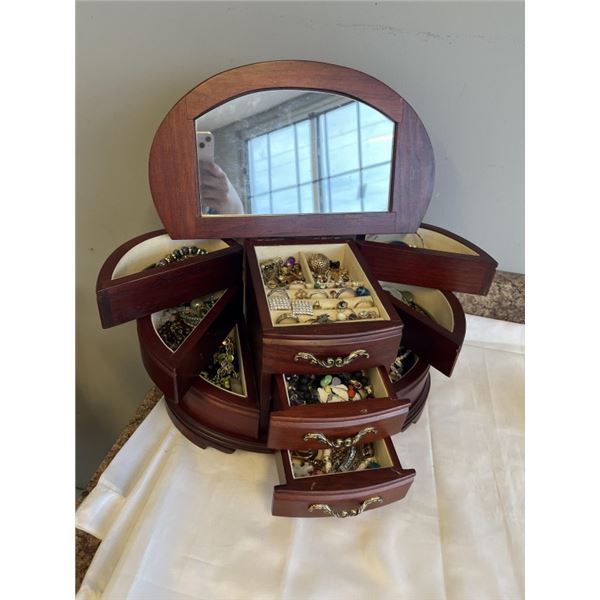 VINTAGE WOOD JEWELRY BOX W/ LOTS OF CONTENTS