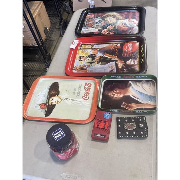3 VINTAGE COCA COLA  SERVINGS TRAYS AND 80'S TRANSFORMER RADIO AND HARLEY DAVIDSON LEATHER WALLET