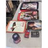 Image 1 : 3 VINTAGE COCA COLA  SERVINGS TRAYS AND 80'S TRANSFORMER RADIO AND HARLEY DAVIDSON LEATHER WALLET