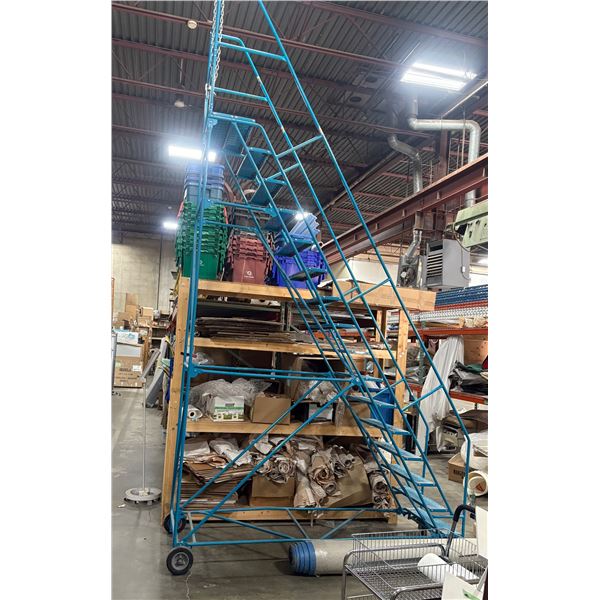 Tall Blue Steel Rolling Warehouse Ladder