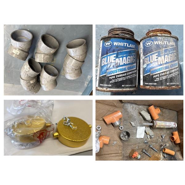 Asssorted Group - Ipex PVC pipe couplers(5), Pipe thread compound (3), Fire hose hydrant caps (2), P