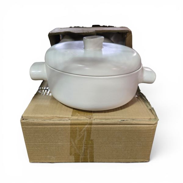 New Group of 2 Modern Beige Ceramic Stovetop Japanese Pot w/ Lids