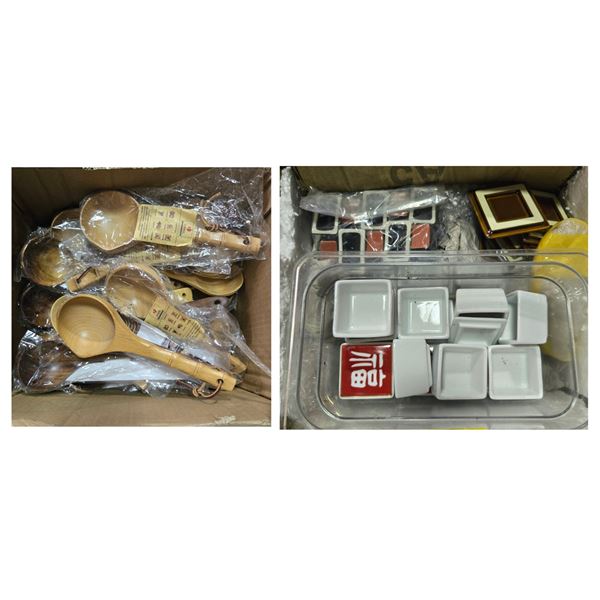 New 2 Boxes full of Wooden Kitchen Serving Spoons & Misc. Ceramic Condiment Sauce Bowls