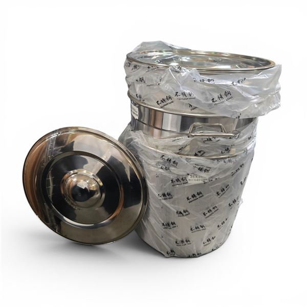 New Commercial Stainless Steel Pot Open Flame & Induction Cooktops x3 w/ Lids, approx. 34L/35x35cm -