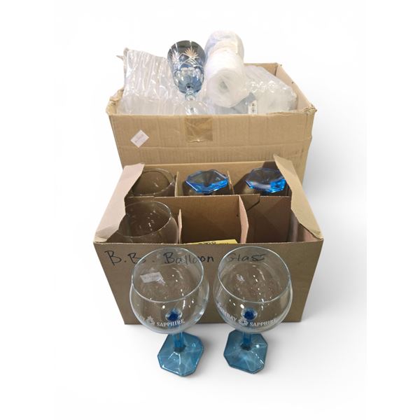 New Set of Blue Glassware - includes x6 Bombay Sapphire Balloon Glass & Blue Cut-to-Clear Crystal St