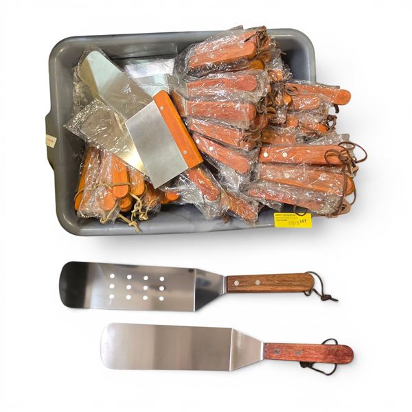 New Box full of Commercial Perforated & Solid Flexible Spatulas w/ Wooden Handles - approx. 40 pcs