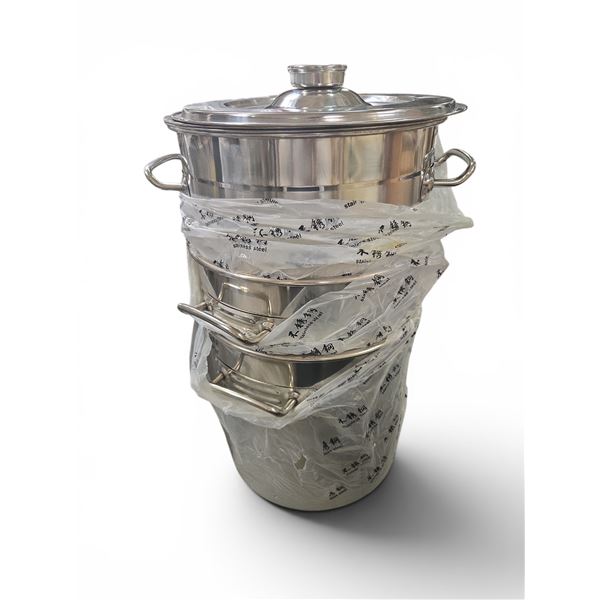 New Commercial Stainless Steel Pot Open Flame & Induction Cooktops x3 w/ Lids, approx. 34L/35x35cm -
