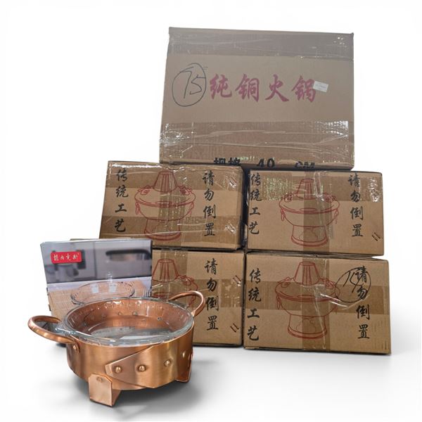 New Group of Glass & Copper Hot Pot Cookware - 4 pcs, 7" Diameter each & x1 14 1/2" Hammered Copper 