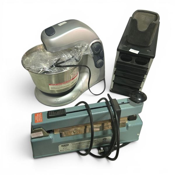 New Delfino Stand Fuo Mixer & Uline H-163 Hand-Operated Heat Sealer - includes a Coffee Storage Draw