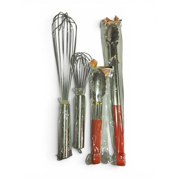 New 3 Bins full of Balloon Whisks & Metal Kitchen Tongs - 4 Boxes, Assorted Sizes