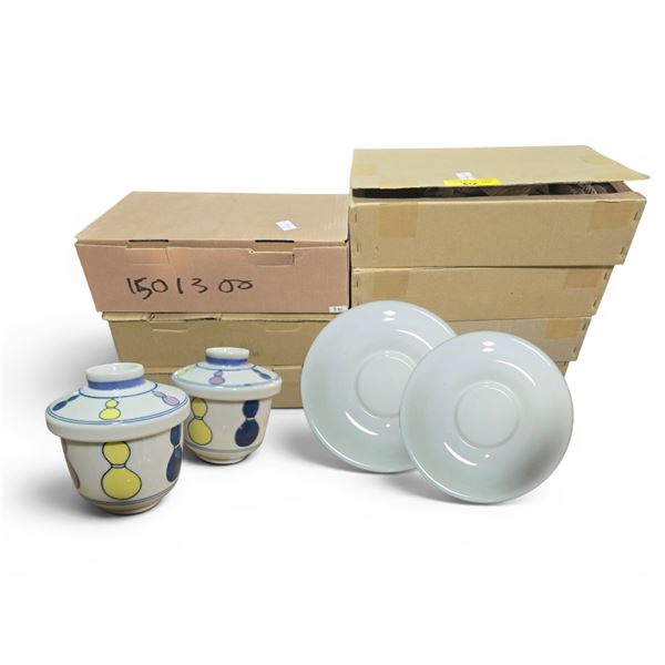New Set of White Porcelain Saucers & Japanese Bowl Cups w/ Lids - approx. 3 Boxes = 12 pcs per Box /