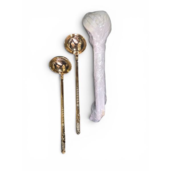 New Long Gold-Toned Soup Ladles w/ Decorative Chinese-Style Handles - x1 Bin (Not included), approx.
