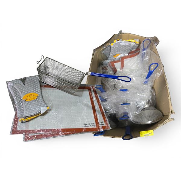 New Bin full of Commercial Stainless Frying Baskets, Silicone Baking Mats & Silver-Coated Quilted Ov
