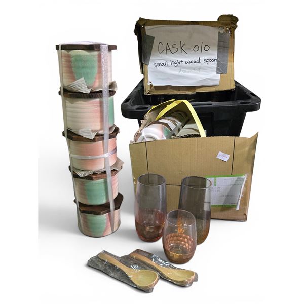 New Set of Japanese Ceramic Glazed Pots w/ Wooden Lids, Hammered Set Glass Tumblers & Wooden Spoons 