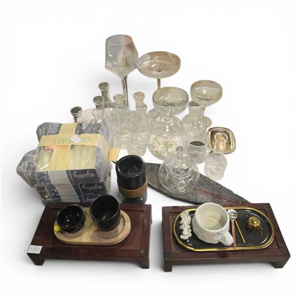 Group of Assorted Decorative Items - includes Small Carafes/Wooden Trays/Wax Candles & More