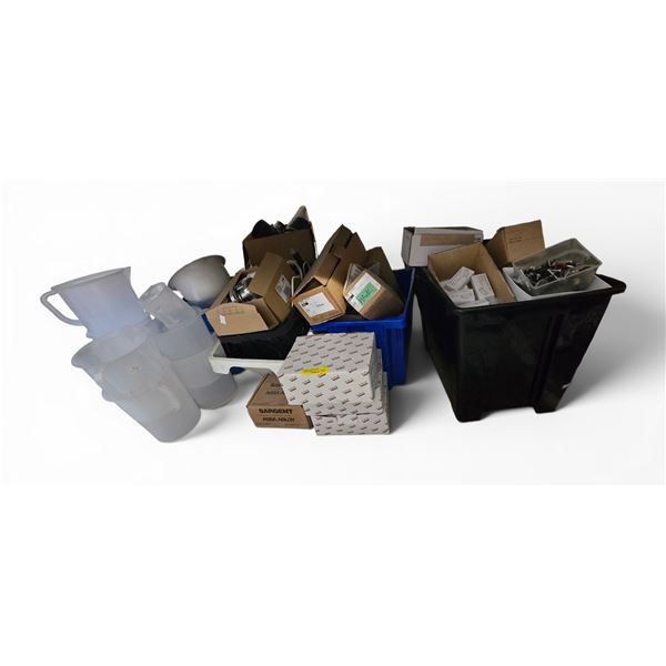 Group of Misc. Hardware & Plastic Measuring Pitchers - includes Screws/Straight Joiners/Door Hardwar